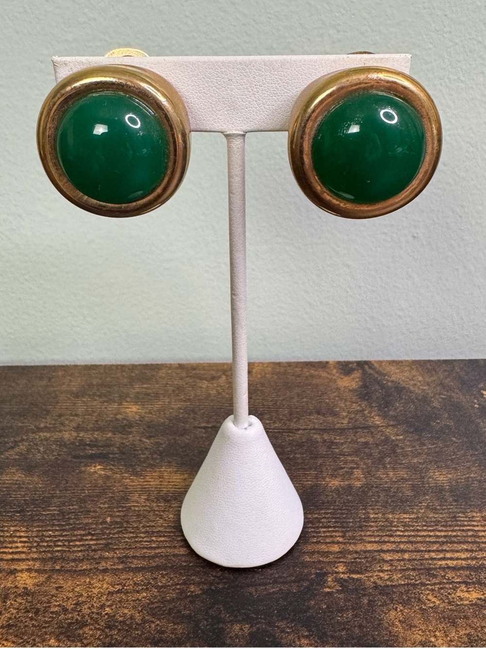 Vintage Green Dome Clip-On Earrings with Gold Trim
